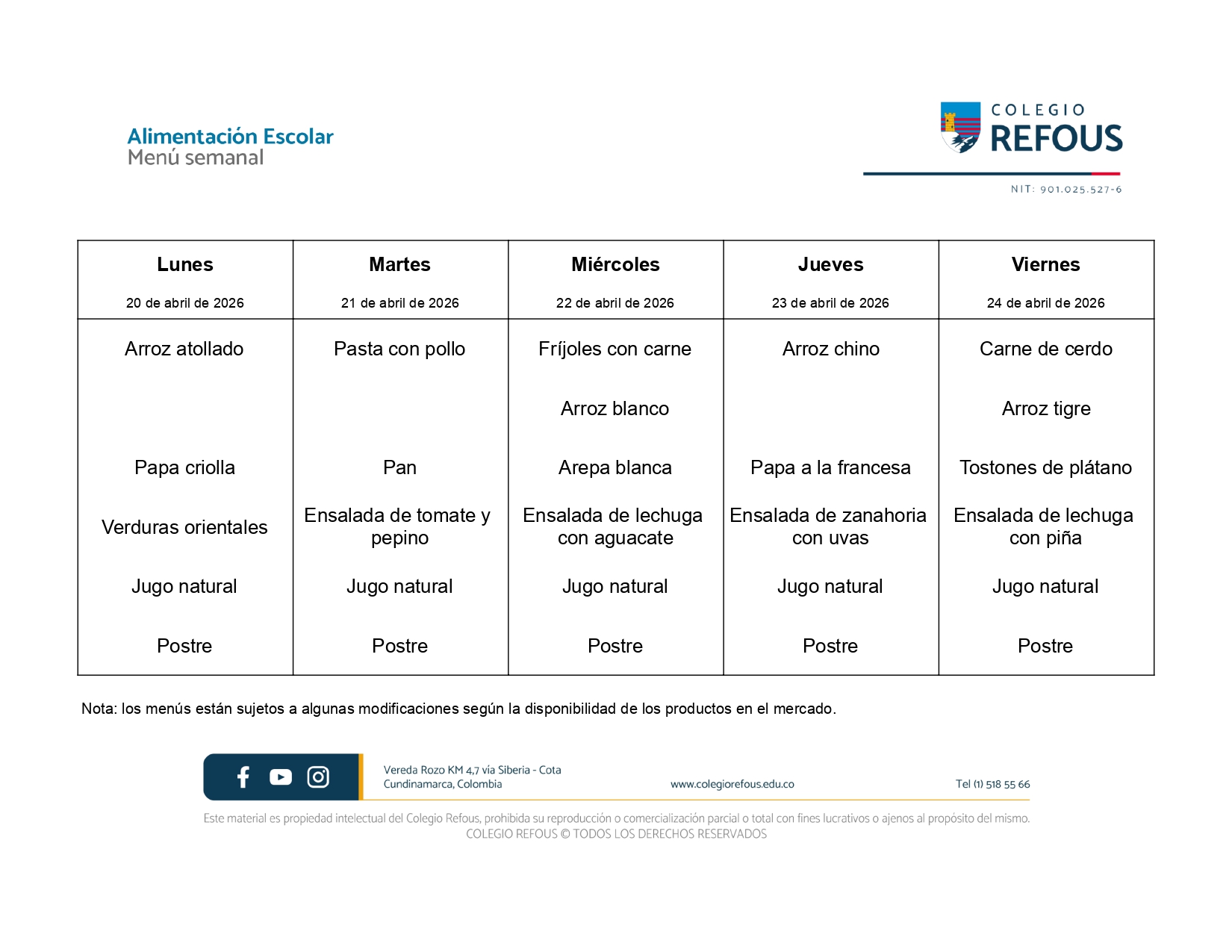 20 al 24 de abril de 2026 - Alimentación escolar