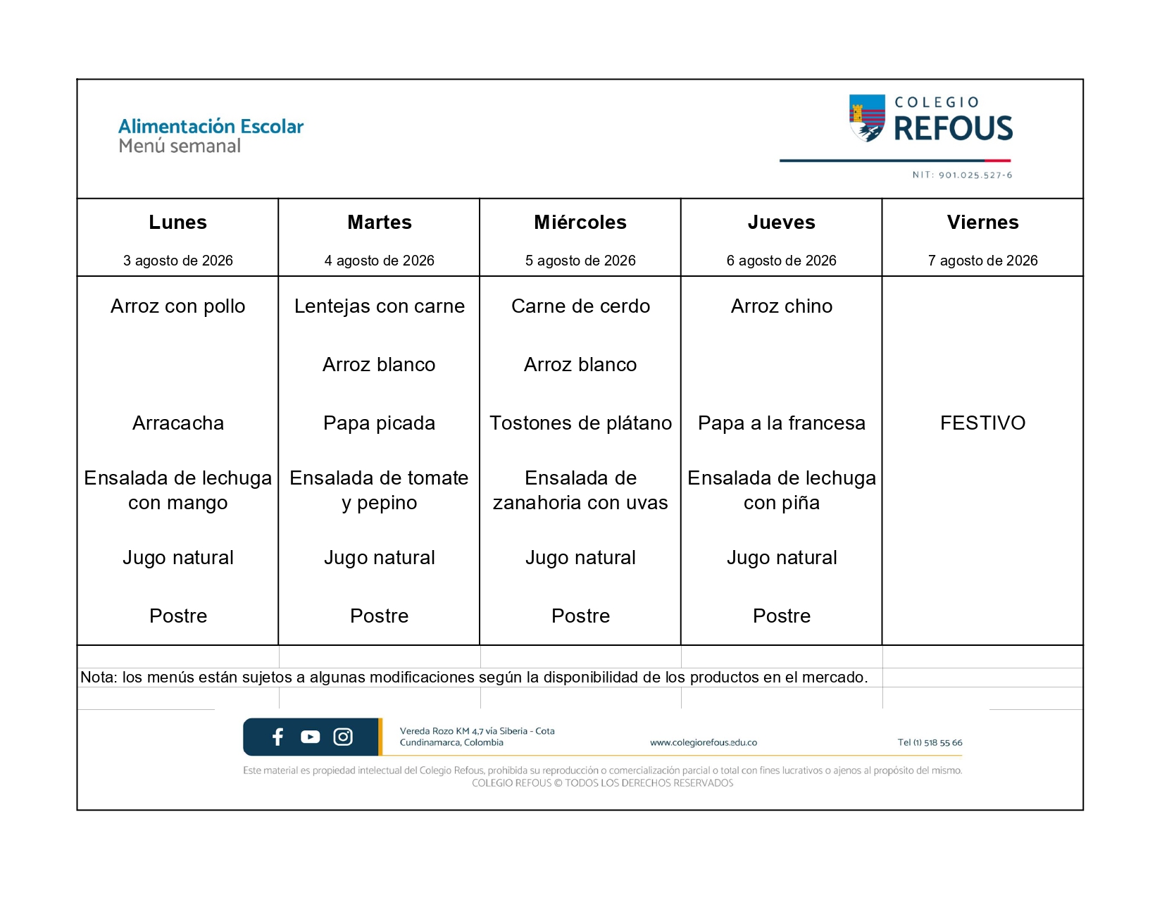 3 al 7 de agosto de 2026 - Alimentación escolar